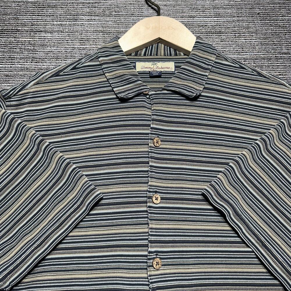 Tommy Bahama Polo Shirt Men's Large Striped Short Sleeve Silk Loop Collar